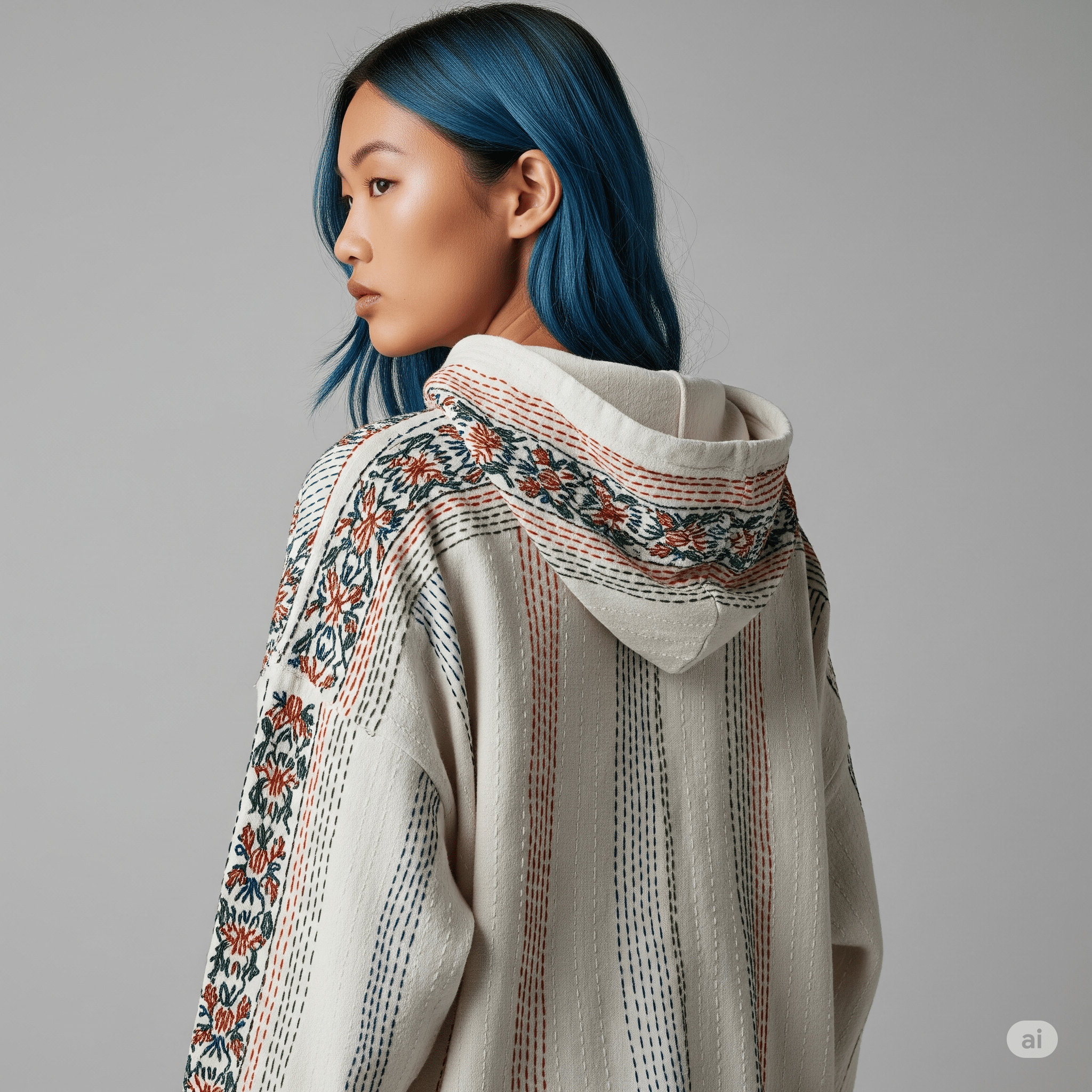 Kantha Stitch Drop-Shoulder Hoodie